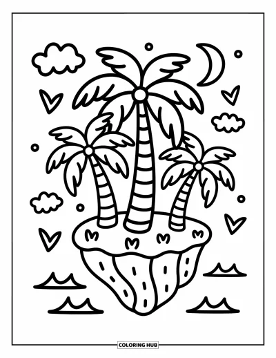Coloriage de palmiers pour adultes : Île flottante avec trois palmiers, des nuages duveteux et des mouettes souriantes