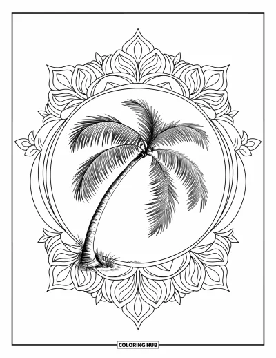 Coloriage de palmiers pour adultes : Palmier gracieux entouré de mandalas floraux parfaitement symétriques