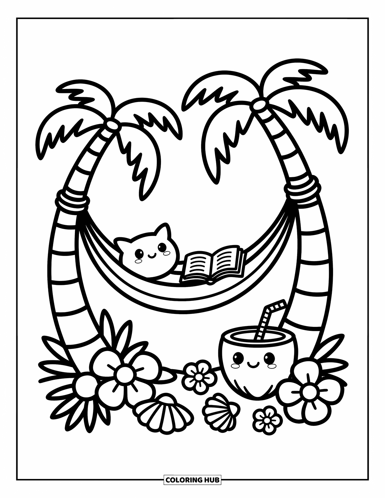 Palm Tree Coloring Page for Adults: Hammock between palm trees with a happy pillow, book, flowers, and seashells