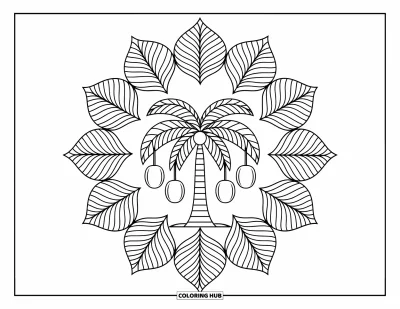 Coloriage de palmiers pour adultes : Mandala de feuilles de palmier autour d'un cocotier sur fond blanc