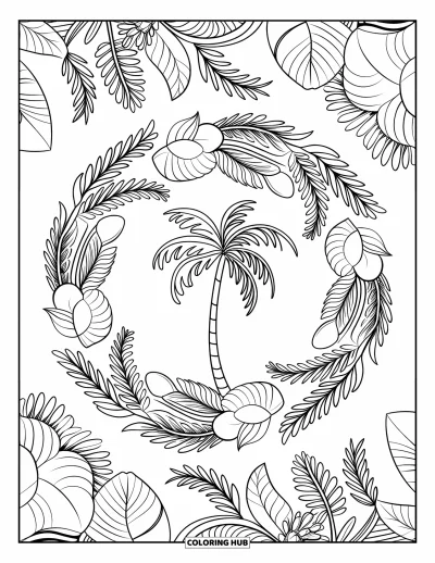 Coloriage de palmiers pour adultes : Palmier encadré par un mandala botanique aux motifs tropicaux finement détaillés