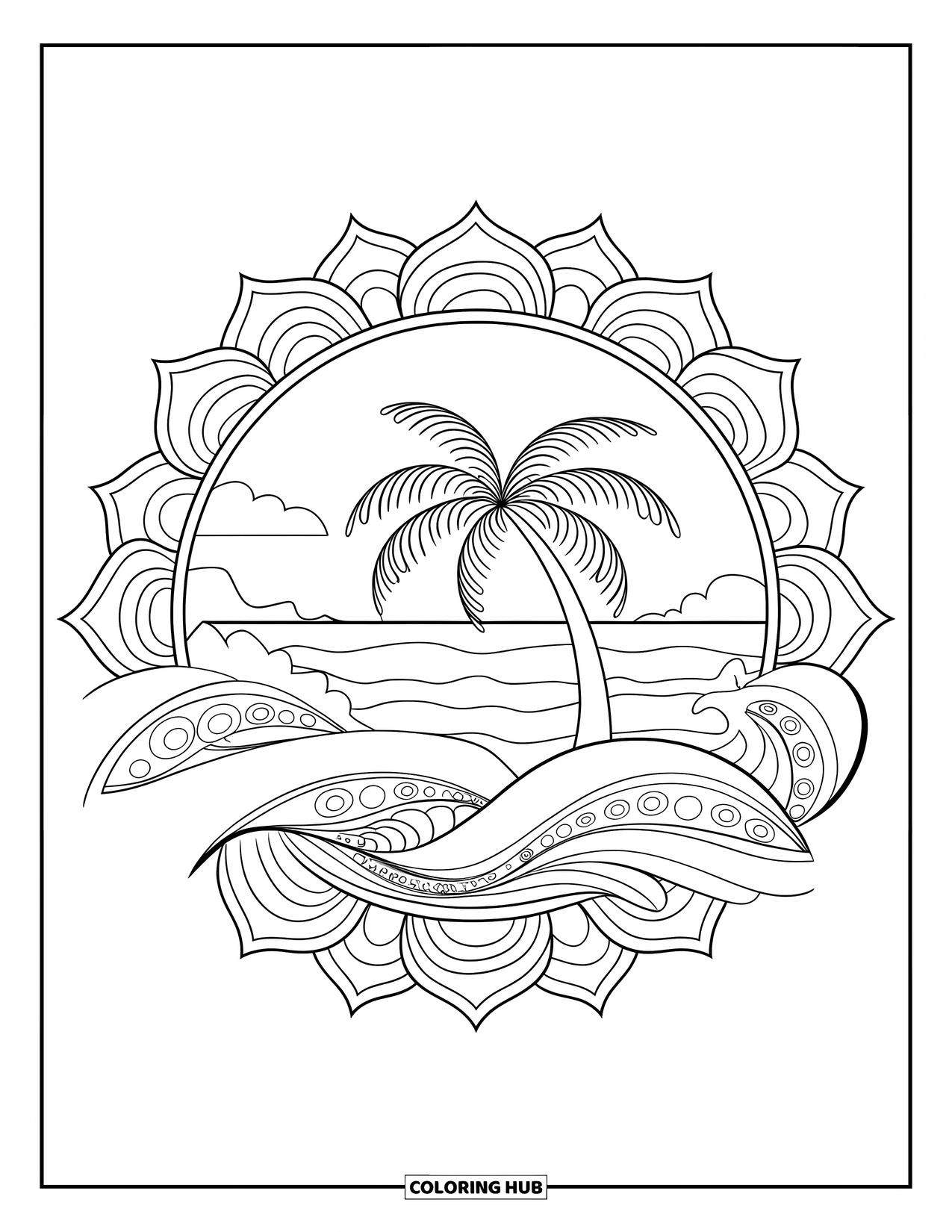 Palm Tree Coloring Page for Adults: Palm tree in a peaceful scene with mandala waves and a calm ocean