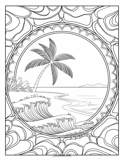 Coloriage de palmiers pour adultes : Palmier au centre de vagues et de pétales de mandala superposés