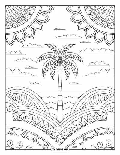 Coloriage de palmiers pour adultes : Palmier sur la plage entouré de pétales de mandala et d'un ciel lumineux