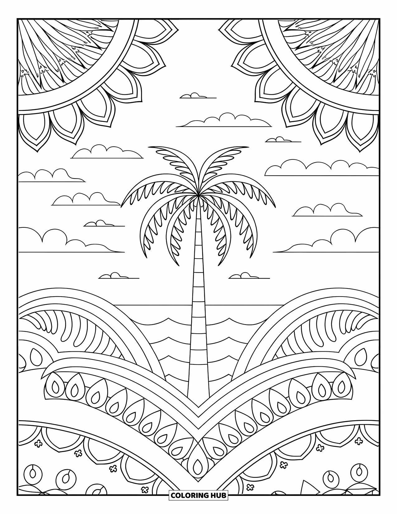 Palm Tree Coloring Page for Adults: Palm tree on the beach surrounded by mandala petals and a clear sky