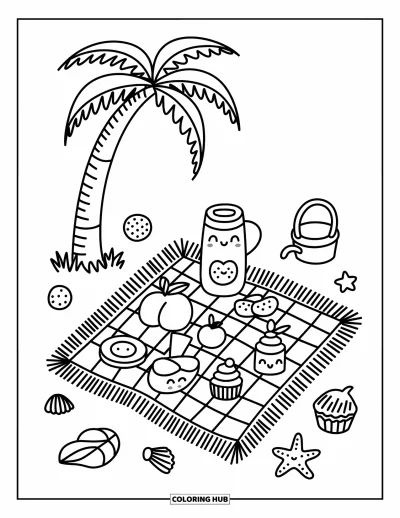Coloriage de palmiers pour adultes : Palmier au-dessus d'une couverture de pique-nique avec de mignons en-cas et des accessoires de plage rigolos