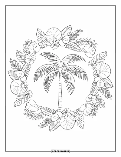 Coloriage de palmiers pour adultes : Palmier entouré d'un mandala circulaire de feuilles et de fleurs