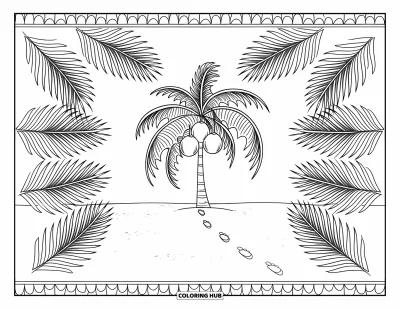 Coloriage de palmiers pour adultes : Palmier avec des noix de coco entouré de mandalas en feuilles de palmier et d'empreintes sur la plage