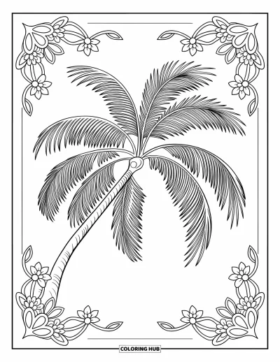 Coloriage de palmiers pour adultes : Palmier aux frondes retombantes encadré de motifs de mandala floral