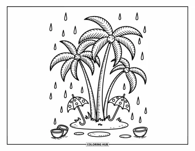Coloriage de palmiers pour adultes : Des palmiers sous la pluie avec de petits parapluies et des noix de coco qui recueillent les gouttes