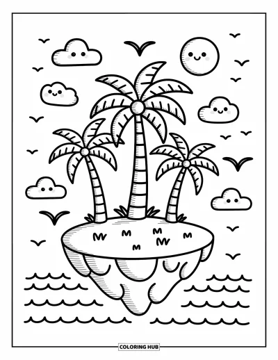 Coloriage de palmiers pour adultes : Des palmiers sur une île flottante avec des vagues, des nuages et des oiseaux joyeux