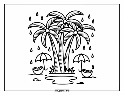Coloriage de palmiers pour adultes : Des gouttes de pluie tombent sur des palmiers, des parapluies et des noix de coco dans une scène pluvieuse et charmante