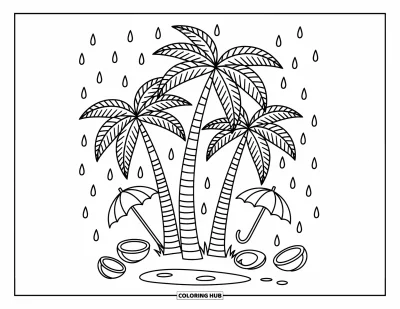 Coloriage de palmiers pour adultes : Jour de pluie avec des palmiers, des flaques d'eau, des noix de coco et de petits parapluies rigolos