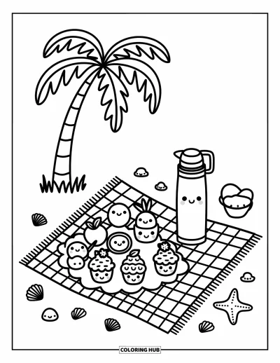 Coloriage de palmiers pour adultes : Palmier ombragé au-dessus d'un pique-nique avec de joyeux petits gâteaux et une étoile de mer endormie