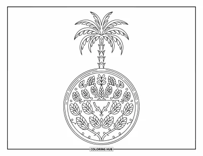 Coloriage de palmiers pour adultes : Grand palmier qui surgit d'une base de motifs floraux et de lianes