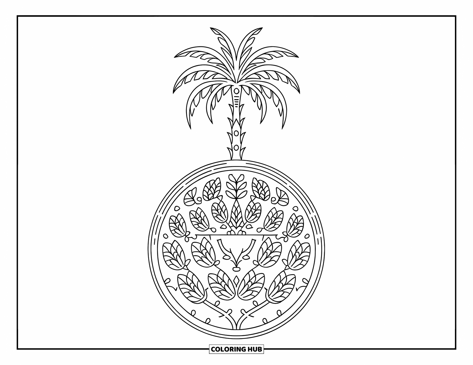 Palm Tree Coloring Page for Adults: Tall palm tree growing from a base of floral patterns and vines