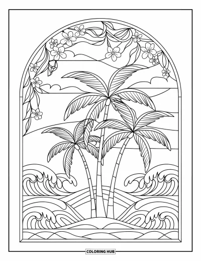 Coloriage de palmiers pour adultes : Trois palmiers encadrés par un vitrail en arche avec des vagues et des fleurs