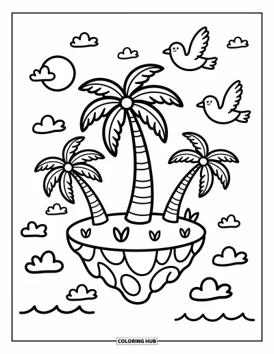 Coloriage de palmiers pour adultes : Trois palmiers sur une île avec une lune, des nuages et de joyeuses mouettes