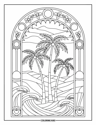 Coloriage de palmiers pour adultes : Trois palmiers en vitrail avec l'océan, des fleurs et le ciel