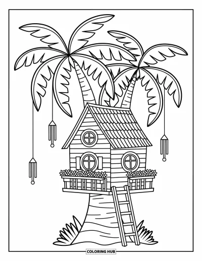 Coloriage de palmiers pour adultes : Petite cabane dans les arbres avec une échelle et des fleurs nichée dans des palmiers