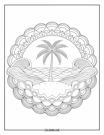 Coloriage de palmiers pour adultes : Palmier tranquille cerné par des mandalas océaniques et une base de sable