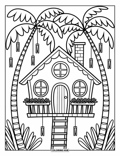 Coloriage de palmiers pour adultes : Cabane dans les arbres nichée entre deux grands palmiers avec des fleurs et des carillons