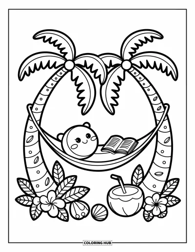 Coloriage de palmiers pour adultes : Deux palmiers avec un hamac douillet, un coussin, des fleurs et des motifs tropicaux