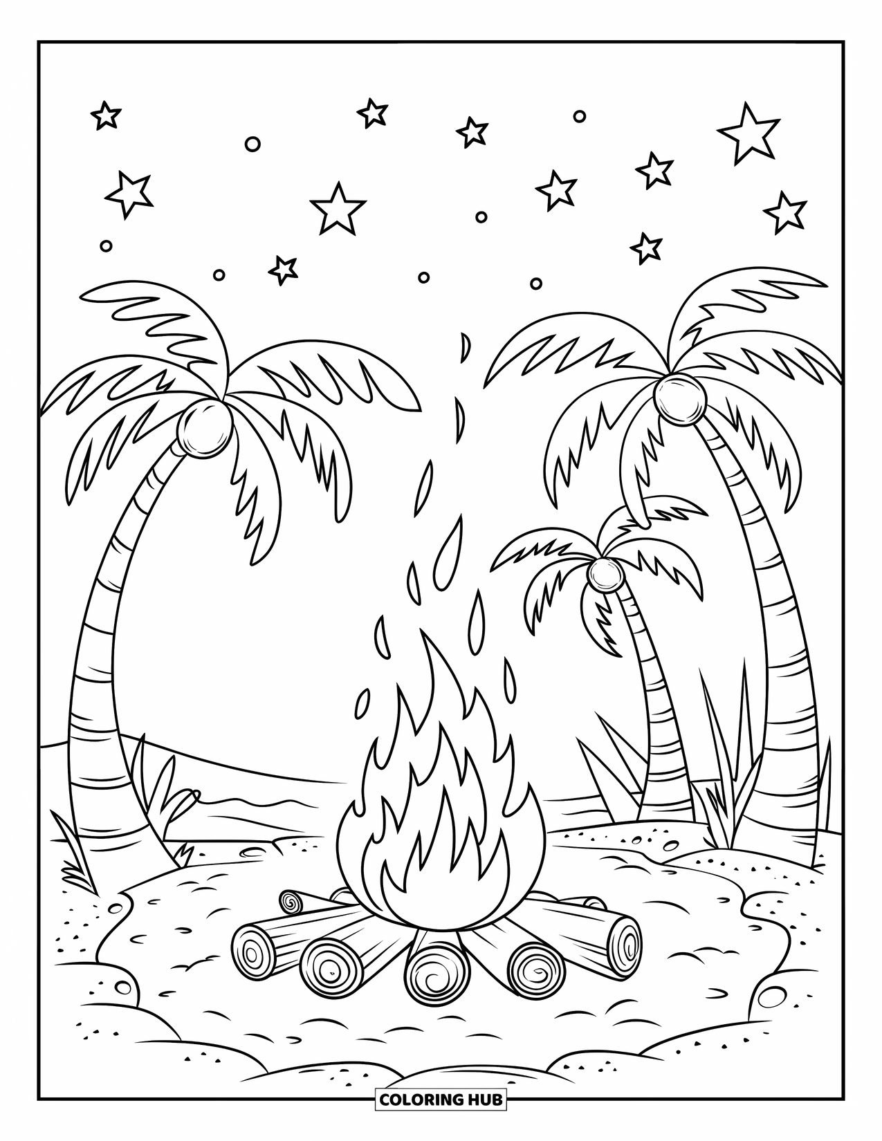 Palm Tree Coloring Page for Kids: A beach campfire with hanging pot, palm trees, and starry sky