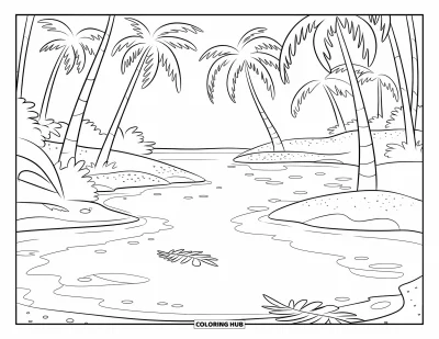 Coloriage de palmiers pour enfants : Un lagon tranquille entouré de palmiers et de feuilles flottant sur l'eau