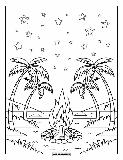 Coloriage de palmiers pour enfants : Un feu de camp douillet sur la plage entouré de palmiers, de bûches et d'étoiles