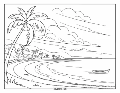 Coloriage de palmiers pour enfants : Une côte sinueuse avec des palmiers, des maisons chaleureuses, un petit bateau et un ciel nuageux