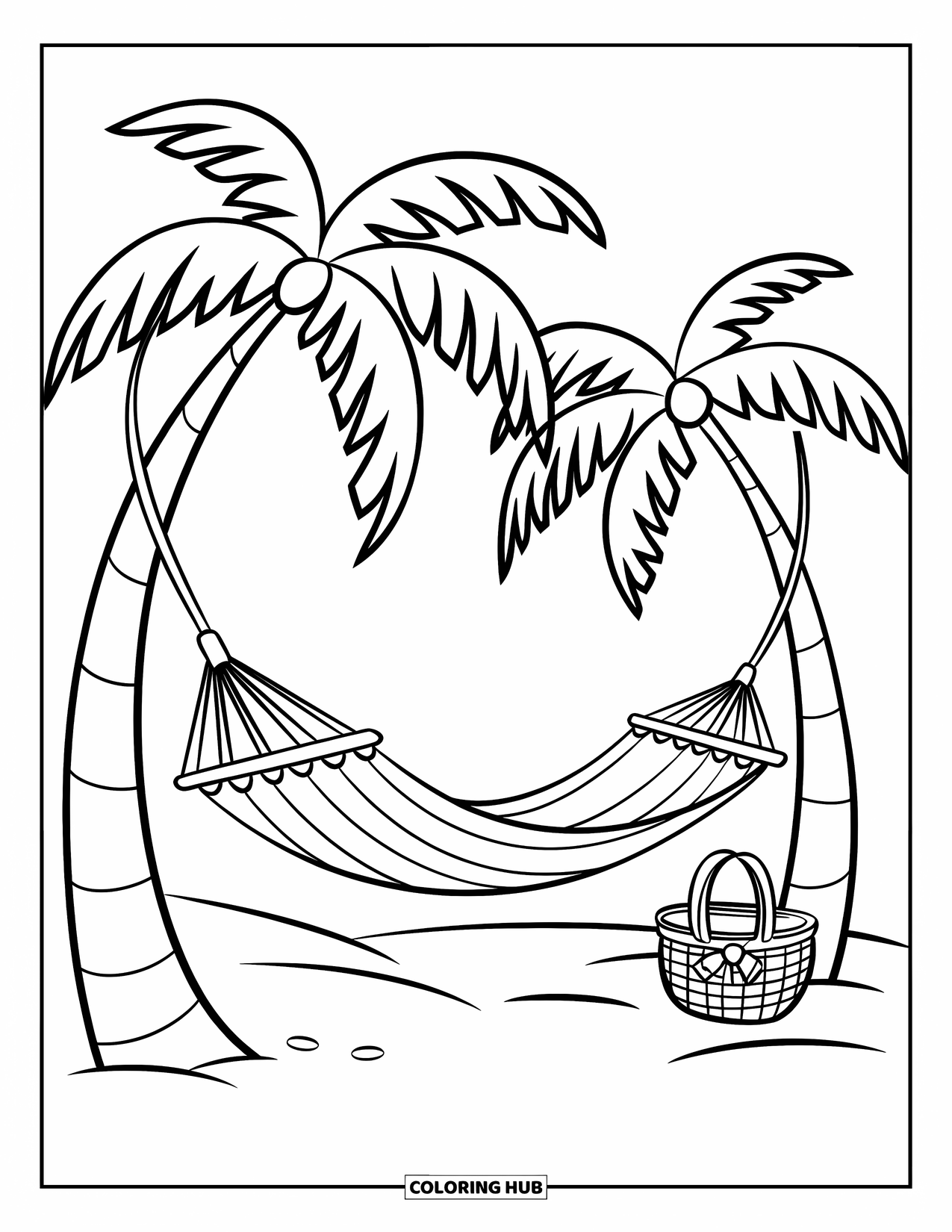 Palm Tree Coloring Page for Kids: A hammock between palm trees with a picnic basket on the beach