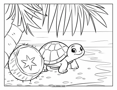 Coloriage de palmiers pour enfants : Bébé tortue rampant près d'un palmier et d'une noix de coco sur la plage