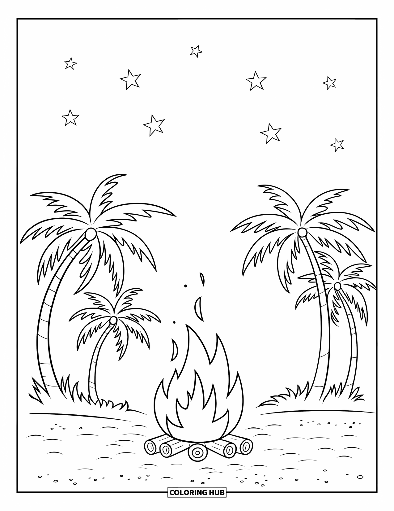 Palm Tree Coloring Page for Kids: Beach campfire surrounded by palm trees and a few stars above