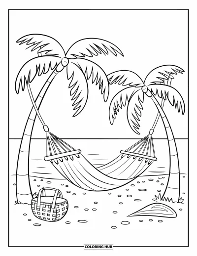 Coloriage de palmiers pour enfants : Hamac sur la plage entre des palmiers avec un panier de pique-nique et vue sur l'océan