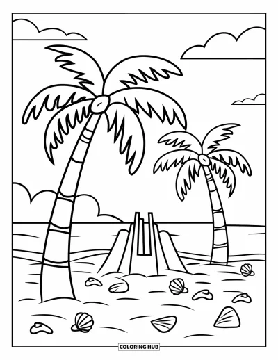 Coloriage de palmiers pour enfants : Scène de plage avec deux palmiers, un château de sable et des coquillages éparpillés