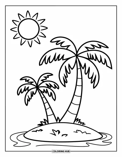 Coloriage de palmiers pour enfants : Grand palmier sur une toute petite île avec un soleil souriant dans le ciel