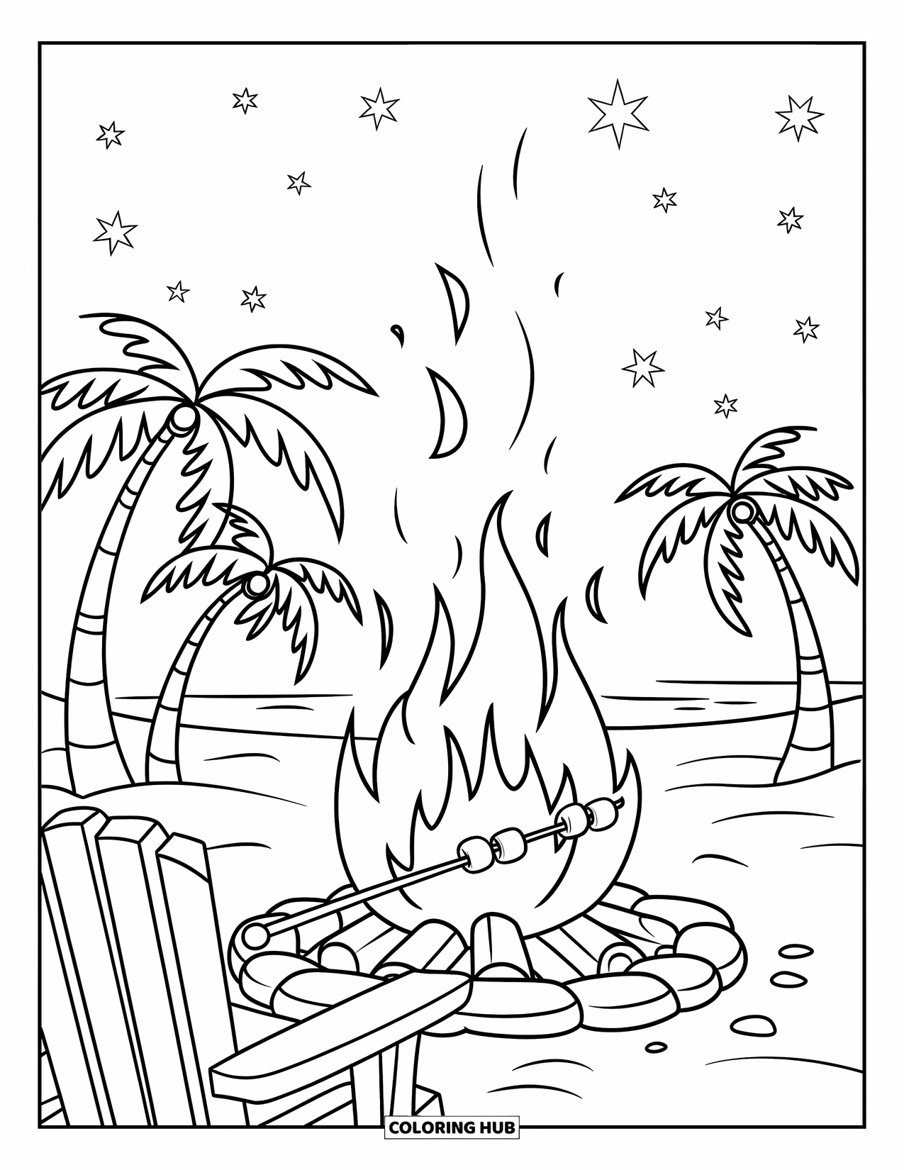Palm Tree Coloring Page for Kids: Campfire crackles by the beach with marshmallows, palm trees, and a starry sky
