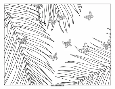 Coloriage de palmiers pour enfants : Gros plan de feuilles de palmier ondulées avec de petits papillons voltigeant autour