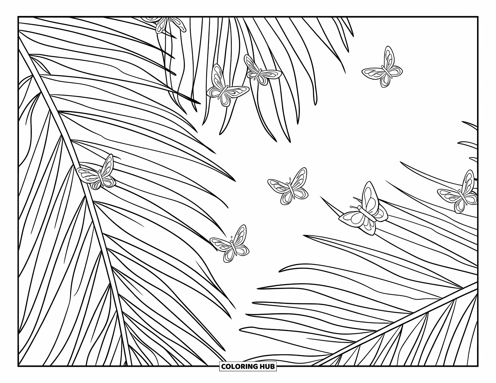 Palm Tree Coloring Page for Kids: Close-up of wavy palm leaves with tiny butterflies fluttering around