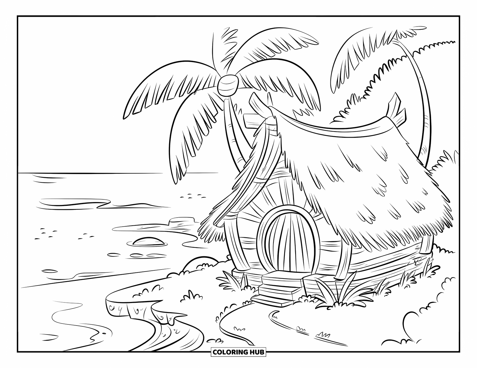 Palm Tree Coloring Page for Kids: Cozy palm-leaf hut near the shore with a path and calm waves