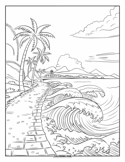 Coloriage de palmiers pour enfants : Chemin côtier courbé avec des palmiers et des vagues s'écrasant près de rochers et de montagnes