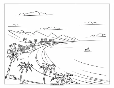 Coloriage de palmiers pour enfants : Côte sinueuse avec des palmiers, des maisons aux toits rouges, un bateau et un ciel paisible