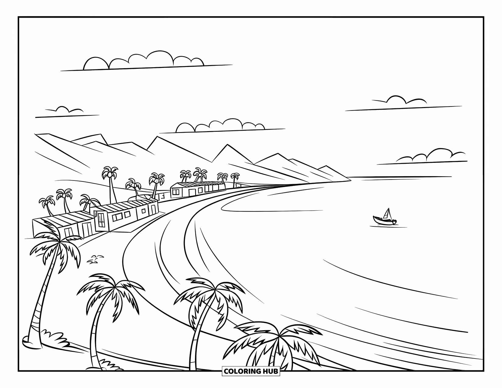 Palm Tree Coloring Page for Kids: Curved coastline with palm trees, red-roofed houses, a boat, and a peaceful sky