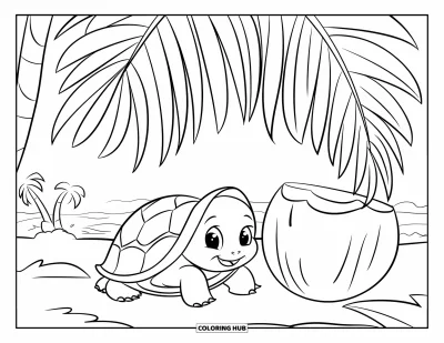 Coloriage de palmiers pour enfants : Adorable bébé tortue sous un palmier avec une grande noix de coco à côté