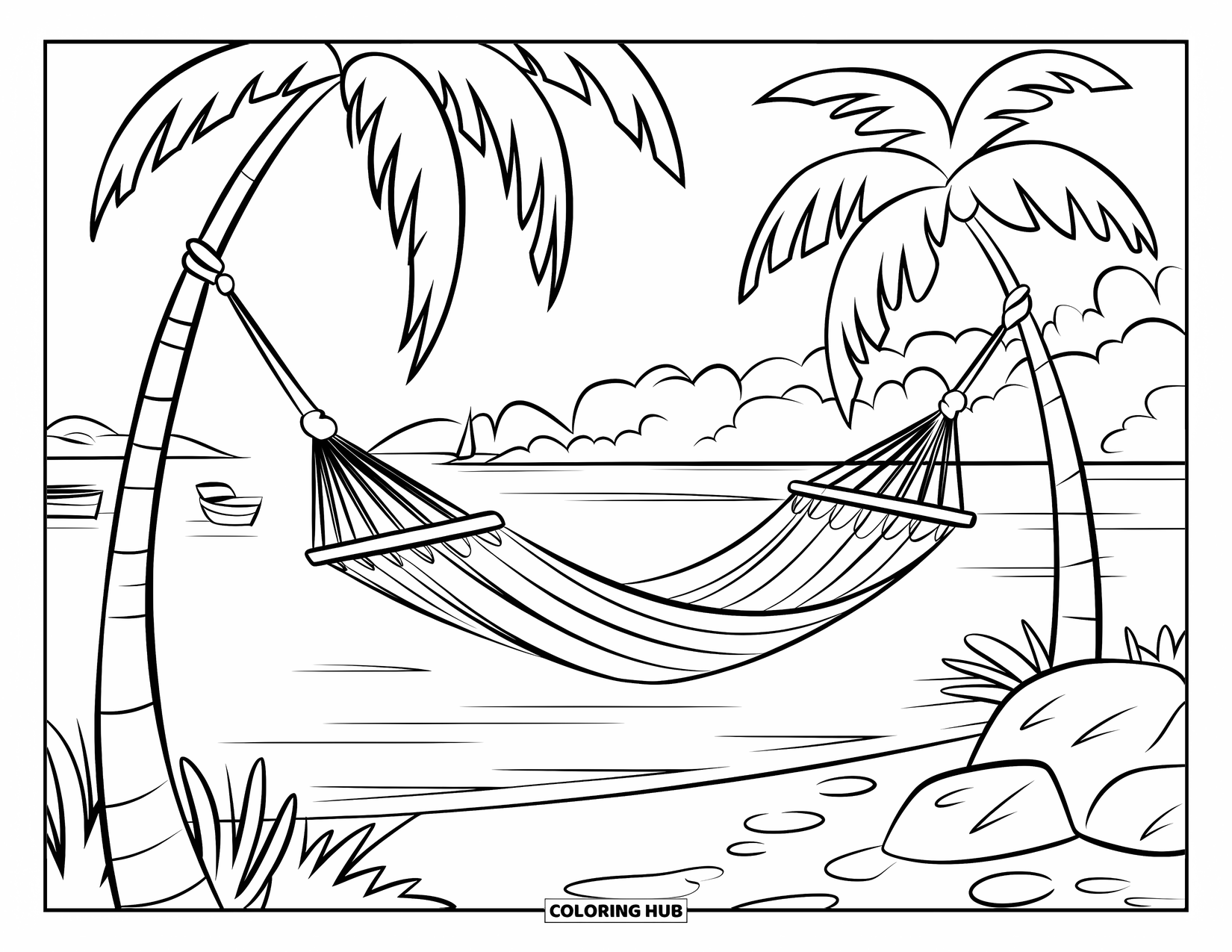 Palm Tree Coloring Page for Kids: Empty hammock between palm trees near calm water and scattered plants