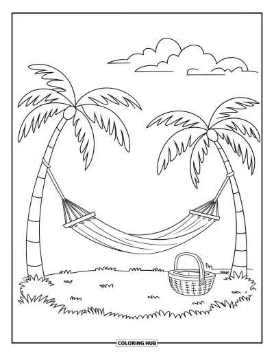 Coloriage de palmiers pour enfants : Hamac vide entre des palmiers avec un panier de pique-nique et un ciel nuageux