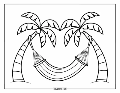 Coloriage de palmiers pour enfants : Hamac vide attaché entre des palmiers sur une plage paisible