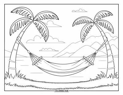 Coloriage de palmiers pour enfants : Hamac entre des palmiers au bord de l'eau avec des nuages et des montagnes en arrière-plan