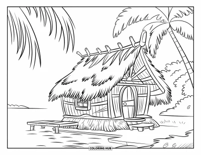 Coloriage de palmiers pour enfants : Cabane en palmier près de l'eau avec un ponton, une échelle et une vue sereine